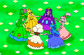 Artwork of Princess Sunny playing Ring Around the Rosie with Princess Fleuro, Princess Bonbon, Princess Cherry, Princess Ghoulia, and Miss Miramarim